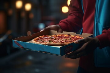 A male deliveryman holds a pizza box in his hands. Express delivery of Italian food. Close-up view.