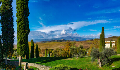 Panoramic view of the Tuscan countryside surrounding the town of San Casciano dei Bagni Siena...