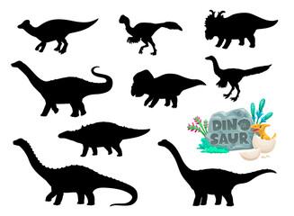 Cartoon dinosaurs funny characters silhouettes. Jurassic era dinosaur vector cute mascot. Protoceratops, Jaxartosaurus, Quaesitosauru and Magyarosaurus, Opisthocoelicaudia, Struthiosaurus personage