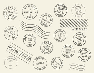 Postage and postal stamps. Canada, USA and European countries post town ink stamp. Toronto, Orlando and Montreal, Paris, Milan and Berlin postal envelope vector retro postal mark, stamp or imprint