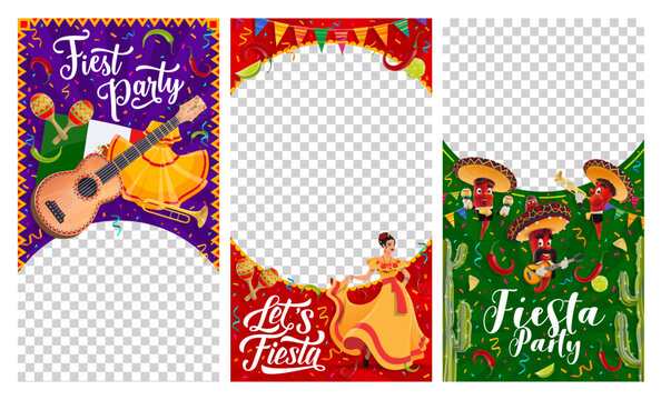 Mexican fiesta social media template banners. Hispanic culture traditional festival fiesta party cartoon vector banners with mariachi chilli characters, flamenco dancer woman and musical instruments