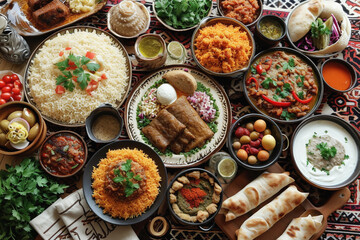 A table full of various dishes including bowls of dips, kebabs, and bread. - obrazy, fototapety, plakaty