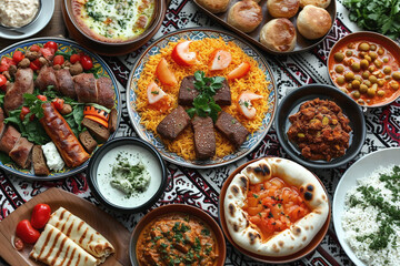 A table full of various dishes including bowls of dips, kebabs, and bread.
