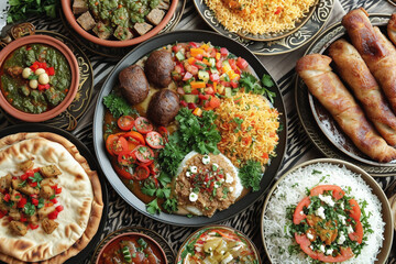 A table full of various dishes including bowls of dips, kebabs, and bread.