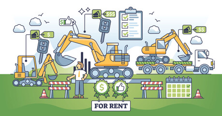 Excavator rental service with heavy machinery showroom outline concept. Company with industrial bulldozer rent or selling service vector illustration. Mechanic vehicle lease for work at building site