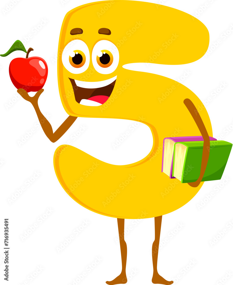 Poster Cartoon funny number five character with apple and textbooks. Isolated cute vector playful 5 figure with big round eyes, a cheerful smile and distinctive five-shaped body, ready for mathematics class