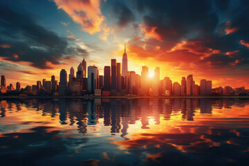 Fototapeta na wymiar The New York City skyline at sunset, with the sun's rays beaming through the buildings and reflecting off the water. The colors of the sky and buildings complement each other, creating a beautiful and