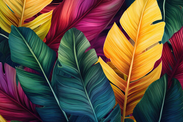 A vibrant and colorful seamless pattern with watercolor tropical leaves, arranged in a unique and creative way