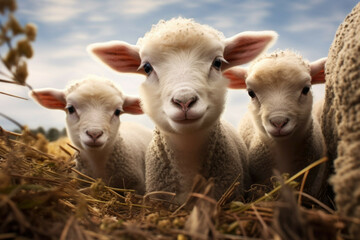 Obraz premium Two small lambs and a large sheep looking up at the camera, their eyes filled with wonder and trust