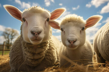 Two fluffy white sheep and lambs looking up at the camera, their eyes filled with curiosity and innocence