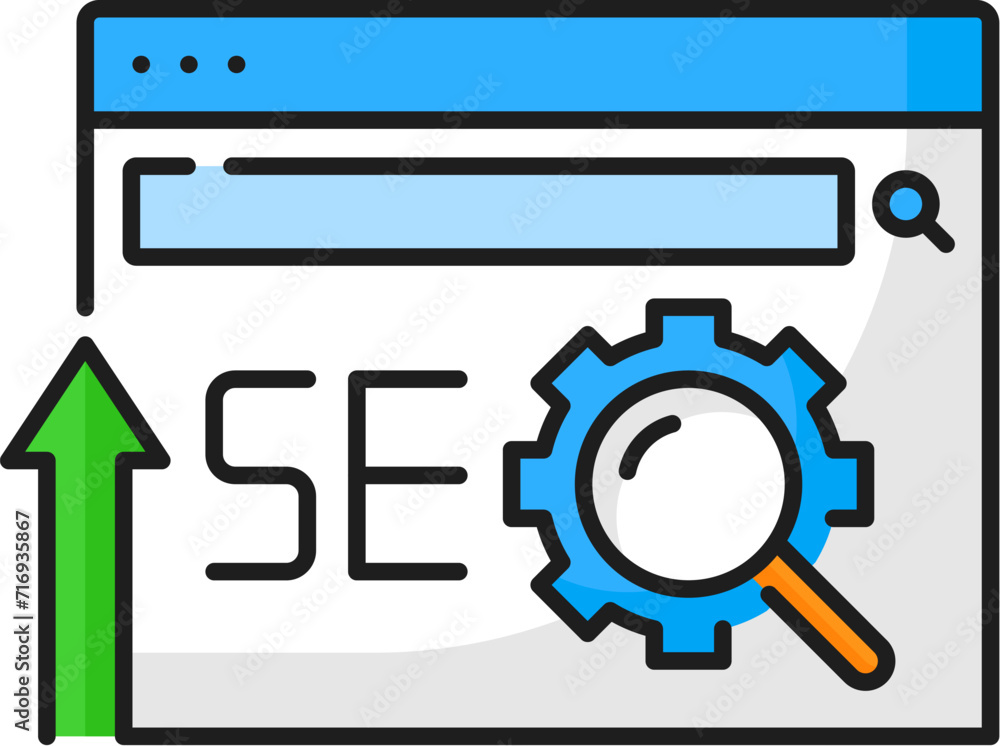Aufkleber SEO optimization icon, SERP or search engine result page vector pictogram for internet marketing. SEO in web advertising and digital media content optimization in internet search and website SERP