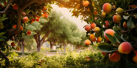 Ripe sweet peaches growing on a peach tree in the garden. Close-up of peaches and peach trees in sunlight - obrazy, fototapety, plakaty