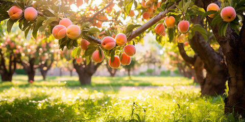 Ripe sweet peaches growing on a peach tree in the garden. Close-up of peaches and peach trees in sunlight - obrazy, fototapety, plakaty