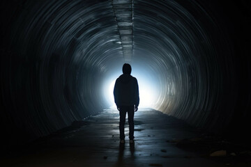 A teenage boy walking in a tunnel, feeling isolated and alone - obrazy, fototapety, plakaty