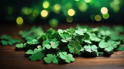 green background with bokeh for st. patrick's day, space for text, clover leaves on wooden table against golden bokeh background