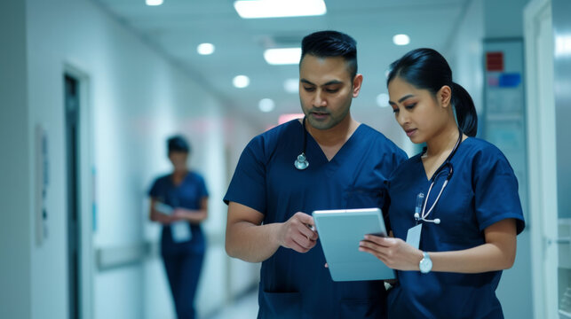 medical professionals, a male and a female, are attentively looking at a digital tablet in a hospital corridor