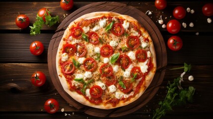 Delicious mouth-watering cheese pizza with tomatoes and herbs on a wooden table in a home kitchen....