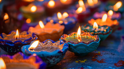 Colorful clay lantern lamps lit during Diwali celebration.