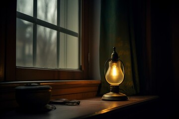 lamp glowing on windowsill. Generative AI