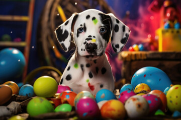 A Dalmatian Puppy Posing with Splashes of Paint and Easter Eggs