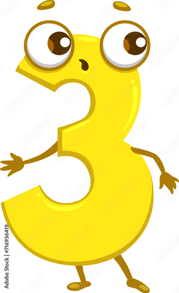 Poster cartoon funny math number three character. school math adorable font digit, mathematics numeric symb