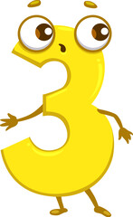 Cartoon funny math number three character. School math adorable font digit, mathematics numeric symbol isolated vector cheerful personage. Kids education 3 number surprised funny character