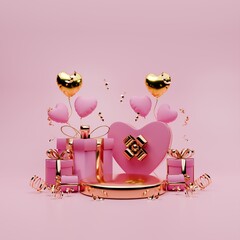 3D rendered pink and gold valentine themed podium display featuring of confetti,  gift boxes, and love balloons for social media post template