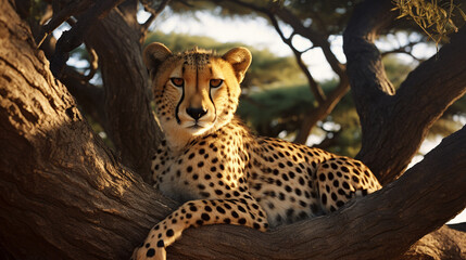 Cheetah sitting in a tree, morning rest