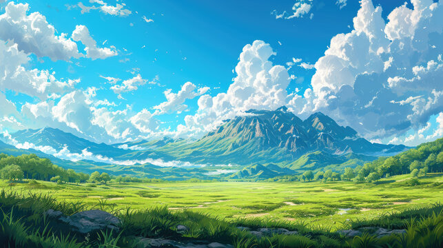 Beautiful Green Savanna or green field with sunny day anime background, cloud background landscape view with beautiful day sky on sunny weather flowers and mountains, beautiful panorama with surrealis