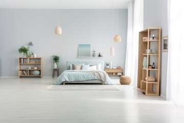 Modern bedroom interior with walls, grey floor and wooden furniture.