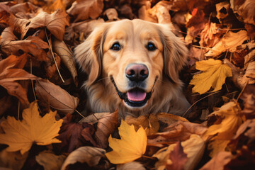 Golden Retriever Dog Sitting in Autumn Leaves