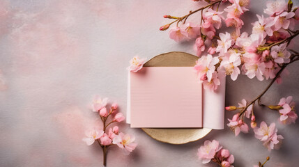 Pink greetings background with blossom flowers border