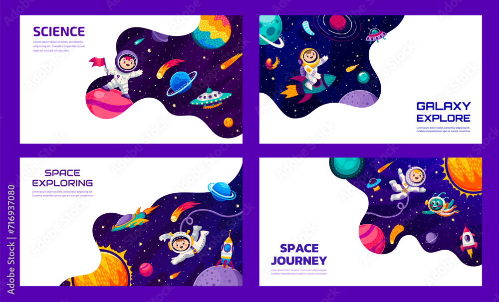 Poster space galaxy landing pages, cartoon space planets, astronauts, aliens and spaceships, vector website