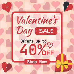 Valentine's Day Sale, up to 40% off. Logo and Number Discount on Red Hearts Background. Shop Now.