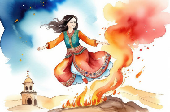 persian girl in traditional clothes jumping over fire. Nowruz celebration, watercolor illustration