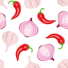 Spicy spices background. Seamless pattern with onions, garlic and red chili peppers. Vector cartoon flat illustration.