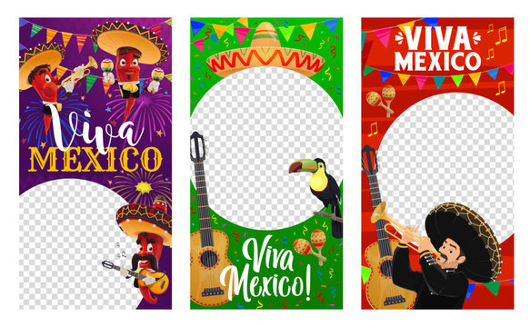 Viva Mexico social media templates for Mexican independence day holiday, vector backgrounds. Mariachi musician in sombrero with guitar, chili pepper characters with Mexican maracas and trumpet