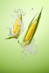Fresh ears of corn with water splashing set against a gradient green background