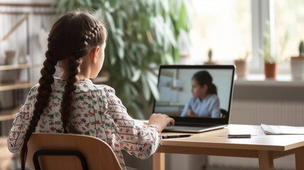 young girl engaged in an online learning session, writing notes while participating in a video call with a teacher on her laptop at a home study setup