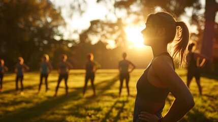 A fitness instructor leading an outdoor bootcamp at dawn. - obrazy, fototapety, plakaty