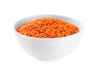 Raw red lentils in bowl isolated on white
