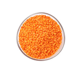 Fototapeta na wymiar Raw red lentils in bowl isolated on white, top view