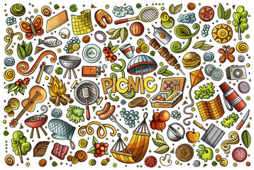 Picnic cartoon objects set