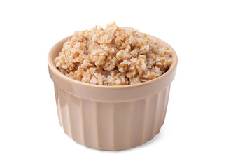 Tasty wheat porridge in bowl isolated on white