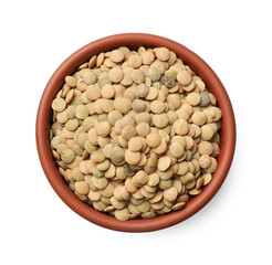 Raw lentils in bowl isolated on white, top view