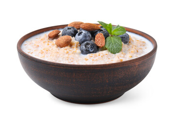 Tasty wheat porridge with milk, blueberries and almonds in bowl isolated on white