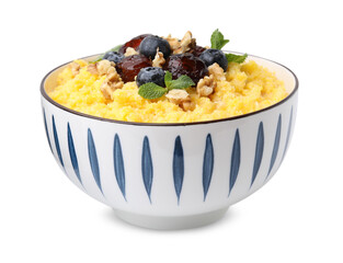 Tasty cornmeal with blueberries, dates, walnuts and mint in bowl isolated on white