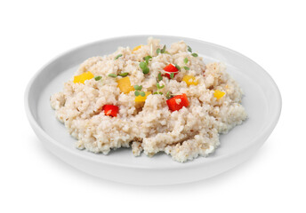 Delicious barley porridge with vegetables and microgreens isolated on white