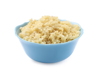 Delicious bulgur in bowl isolated on white
