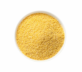 Dry millet seeds in bowl isolated on white, top view
